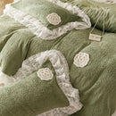 DecorBites™ Luxe Carved Velvet Lace Ruffles Bedding Set with Quilted Bed Skirt