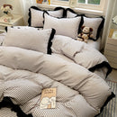 DecorBites™ Korean Black White Hepburn Style Bedding Set with Lace Fitted Sheet Set