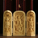 1Pc Exquisite Boxwood Carving Guanyin Buddha Statue Western Sansheng Wood Carving Crafts Home Decoration