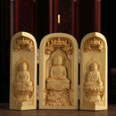 1Pc Exquisite Boxwood Carving Guanyin Buddha Statue Western Sansheng Wood Carving Crafts Home Decoration