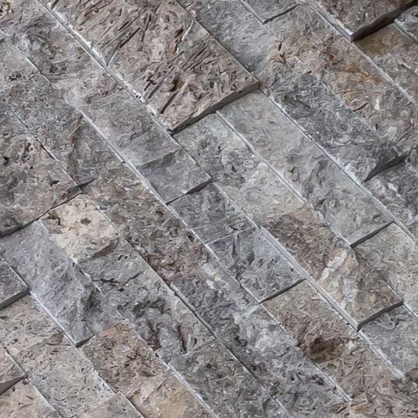 Silver Ledger 3D Panel 6x24 Natural Travertine Wall Tile multiple angle close-up view