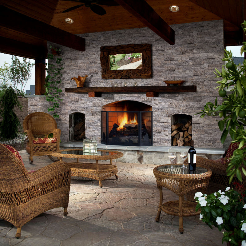 Silver Ledger 3D Panel 6"x24" Natural Travertine Wall Tile - Full Truckload installed around outdoor fireplace rattan outdoor furniture 