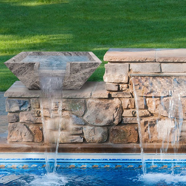 Silver shadow marble natural stone pool cascade water bowl angle installed pool view