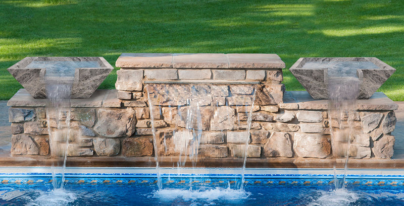Silver shadow marble natural stone pool cascade water bowl angle installed pool wide view