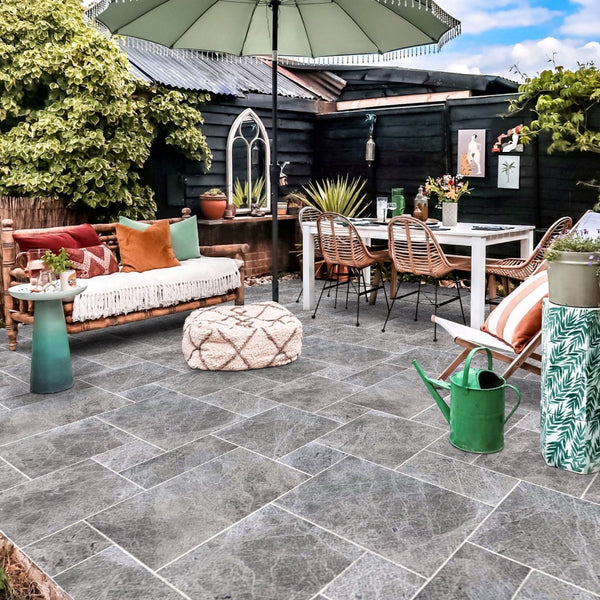 center tile for patio table umbrella Silver Shadow Marble Pattern Tumbled Pavers