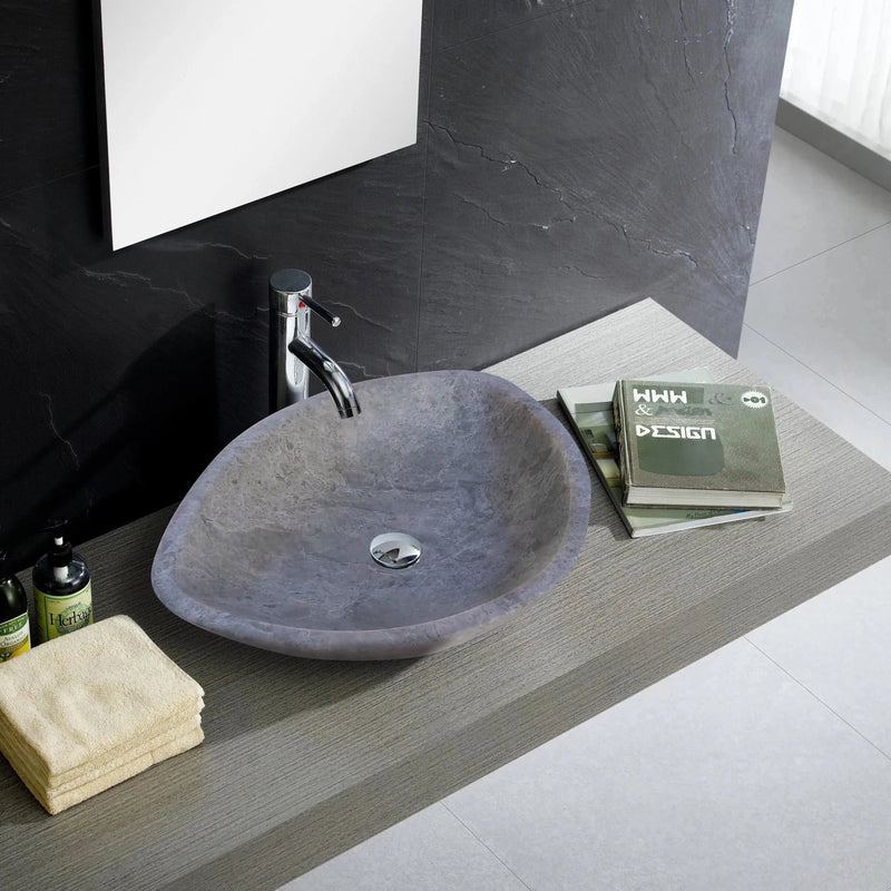 Sirius Gray Marble Above Vanity Bathroom Vessel Sink Honed (W)22" (D)18" (H)5.5" installed modern bathroom above wooden vanity yellow towels and liquid soap and conditioner black slate wall tiles