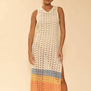 [Size XL Remaining] Cream Open Knit Color Block Cover Up | Long Swimsuit Summer Attire