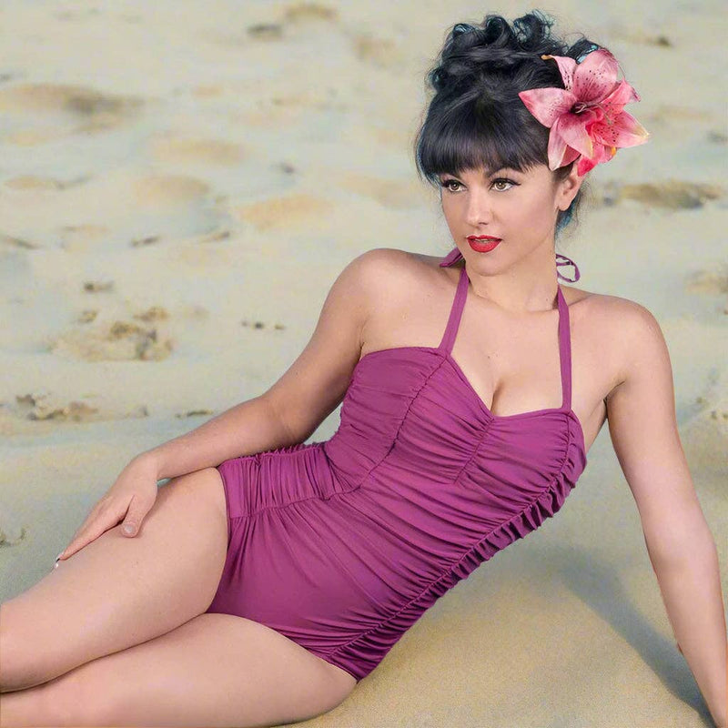 [Size XS Remaining] Pinup 1950s Rosie Retro One-Piece Swimsuit in Floral Prints, Black or Wine
