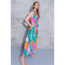 [Sizes SM-L] Floral Printed Woven Midi Dress in Teal Orange | Ruffled V Neckline Mid Calf