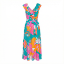 [Sizes SM-L] Floral Printed Woven Midi Dress in Teal Orange | Ruffled V Neckline Mid Calf