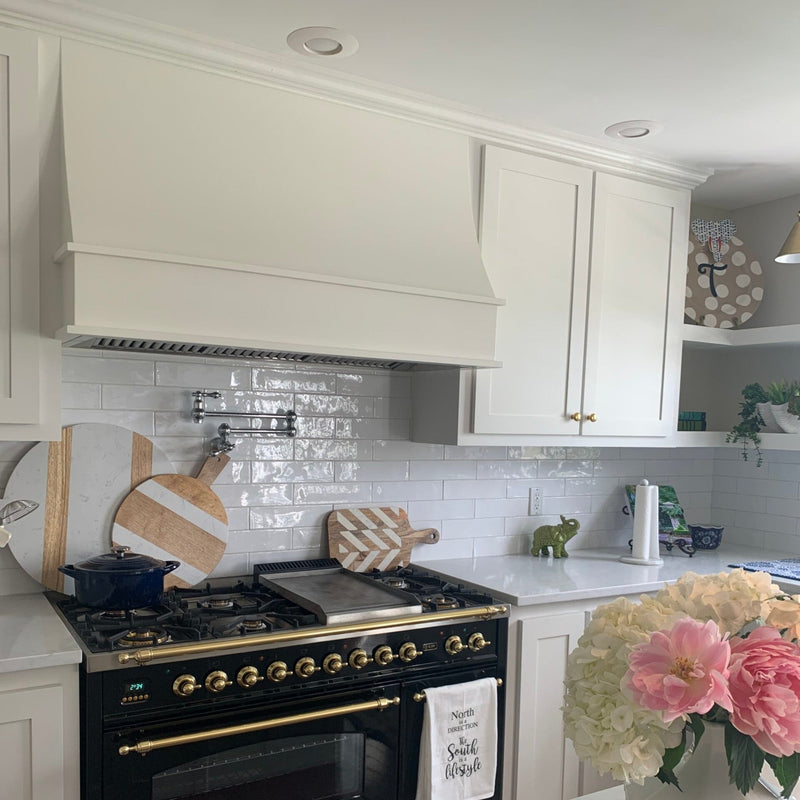 White Wood Range Hood With Sloped Front and Decorative Trim - 30", 36", 42", 48", 54" and 60" Widths Available
