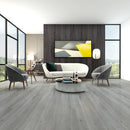 SPC Vinyl Rigid Core 9" Width 60" RL, 7mm Thick, 1.5mm IXPE Smoked Pewter Omnia Floors - Mazzia Collection Product shoot Living Room view