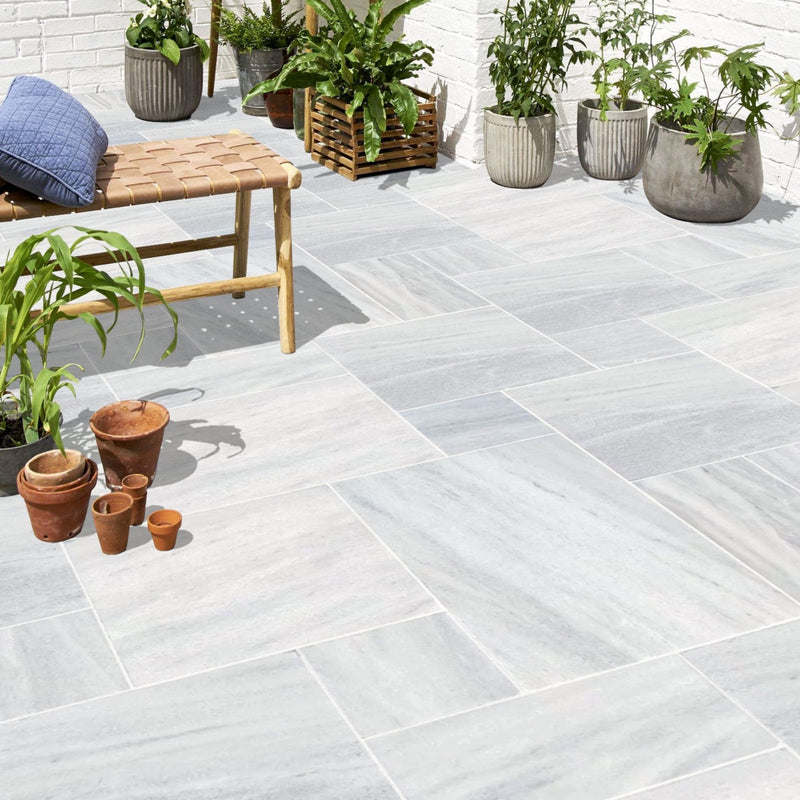 Solto white marble pavers tumbled pattern installed patio view