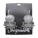 Sourpuss Silver Glitter Octopus Hair Clips Set of 2 | Nautical Rockabilly Hair Accessories