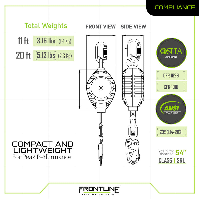 Frontline RPW 11' Web Single Leg SRL with Steel Snap Hook End