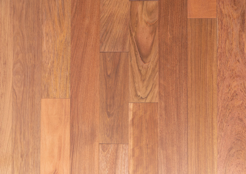 Solid Hardwood Prefinished Satin Mix Width, 84" RL, 3/4" Thick Smooth Brazilian Cherry Jatoba - Totem Collection floor closeup view