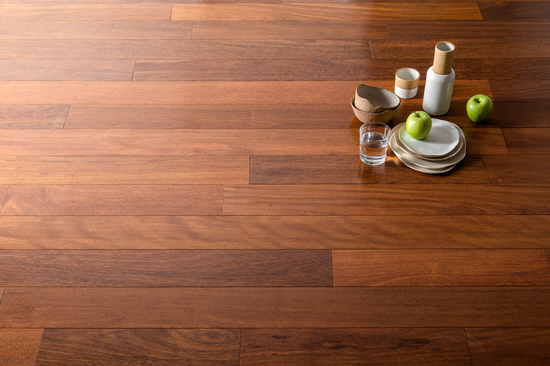 Solid Hardwood Prefinished Satin Mix Width, 84" RL, 3/4" Thick Smooth Brazilian Cherry Jatoba - Totem Collection fruits on floor view