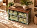 Indian Painted Wood Trunk with Distressed Finish - 40 x 19 x 24 in