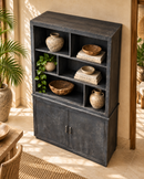 Black Indian Wood Hutch with Open Shelving - 48 x 18 x 79 in