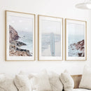 3 Piece Surf Wall Art. Surfboard, Blue Ocean Beach, Rocks