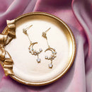Sweet Dreams Moon Earrings | Gold Celestial Dangle Earrings with Pink & Blue Gems