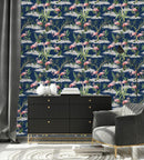 Dark Blue Wallpaper with Flamingos