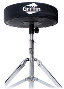 3 PACK GRIFFIN Drum Hardware Set - Kick Drum Pedal, Drummers Throne Seat & Straight Cymbal Stand | Deluxe Chrome Slip-Proof Gear Holder Percussion Set for Mounting Crash, Ride & Splash Cymbals