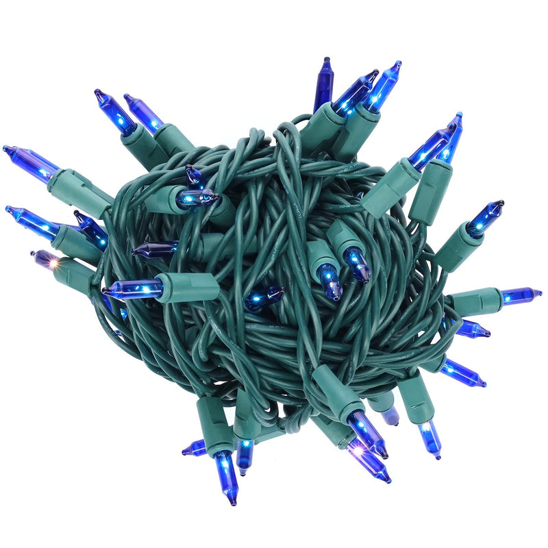 100 Blue Incandescent Mini Lights, Green Wire, 4" Spacing [CLOSEOUT]