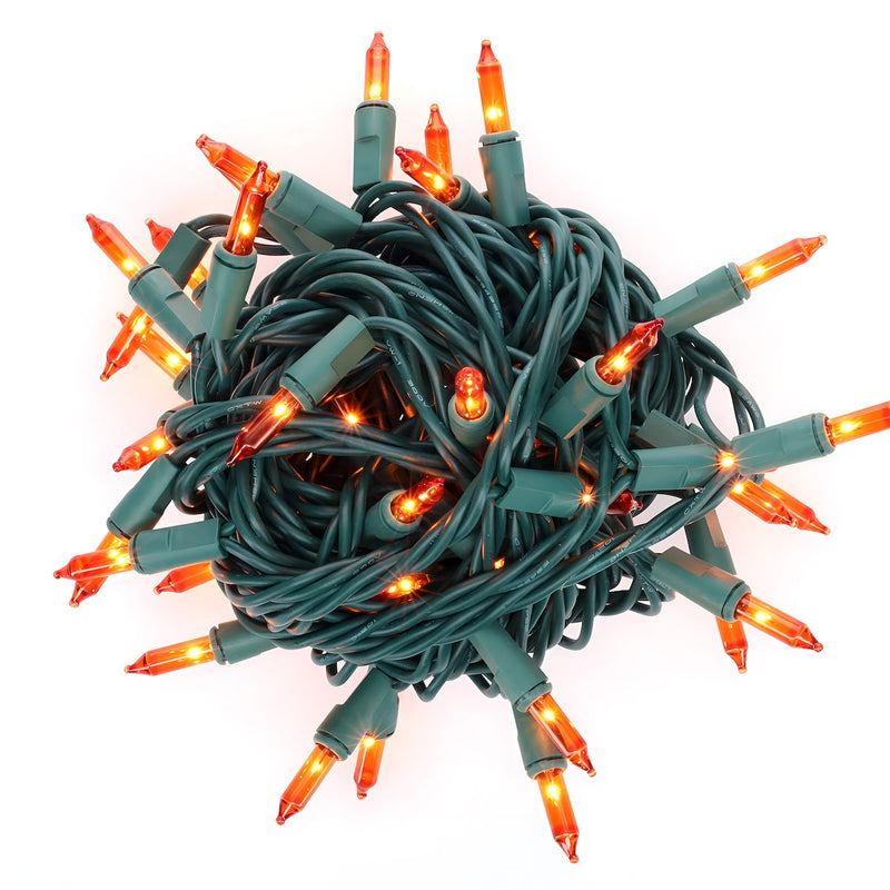 100 Orange Incandescent Mini Lights, Green Wire, 4" Spacing [CLOSEOUT]