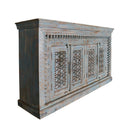 Antique Distressed Blue Lattice Carved 4 Door Mango Wood Buffet