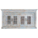 Antique Distressed Blue Lattice Carved 4 Door Mango Wood Buffet