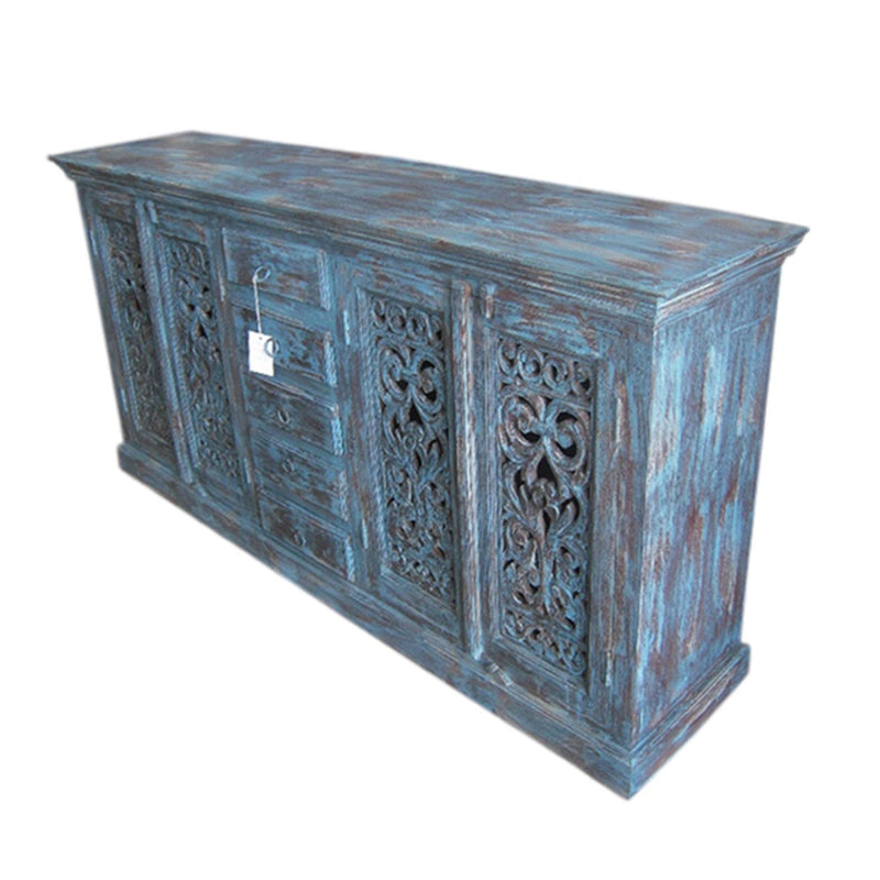 Farmhouse 4 Drawer Hand Carved Lattice Distressed Blue Buffet