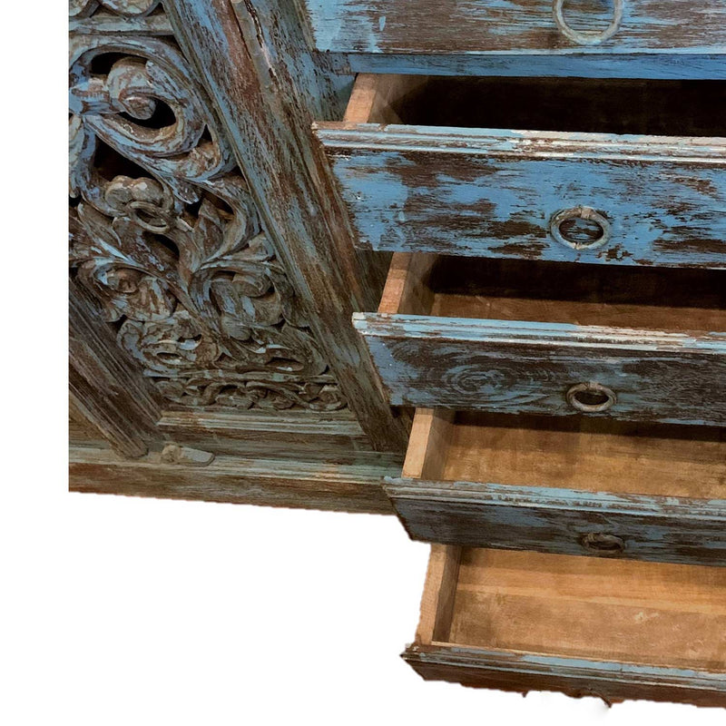 Farmhouse 4 Drawer Hand Carved Lattice Distressed Blue Buffet