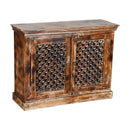 Distressed Lattice 2-Door Mango Solid Wood Cabinet With Nail Heads