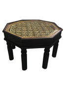 Eclectic Carved Solid Wood Octagon Cocktail Table With Brass Accents