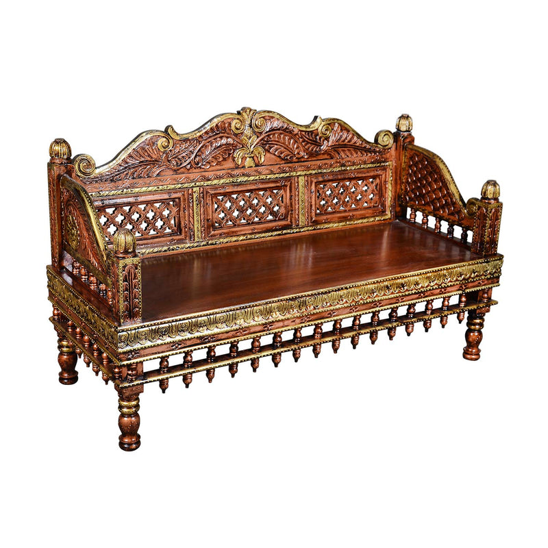 Royal Carved Solid Wood 3 Seater Bench With Painted Accents