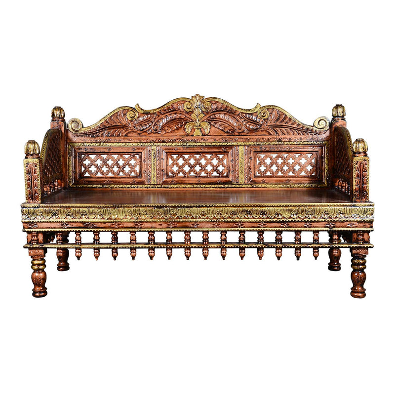 Royal Carved Solid Wood 3 Seater Bench With Painted Accents