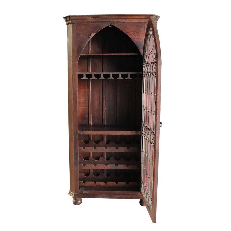 Mediterranean Style Mango Wood And Iron Grill Wine Cabinet