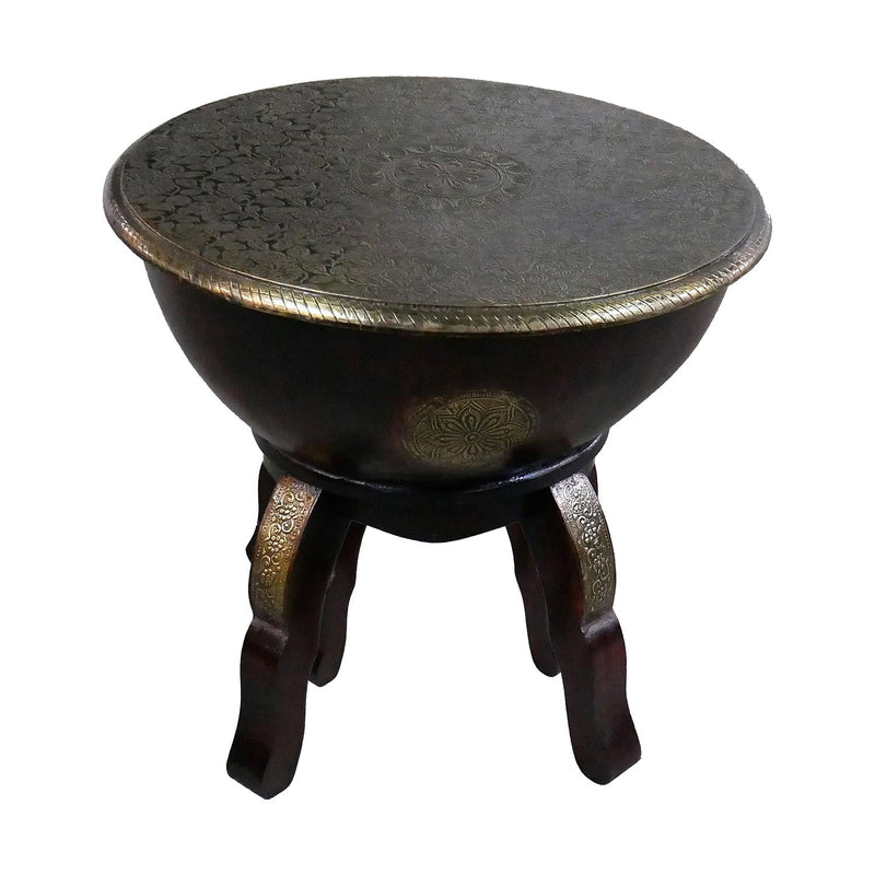 Ornate Brass Cladded Round Mango Wood End Table