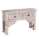 Carved Distressed White Solid Wood Console With Drawers
