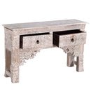 Carved Distressed White Solid Wood Console With Drawers