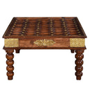 Ornate Brass Tile Carved Solid Wood Coffee Table