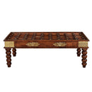 Ornate Brass Tile Carved Solid Wood Coffee Table