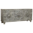 Mid Century Modern Carved Mandala Solid Wood Gray Credenza