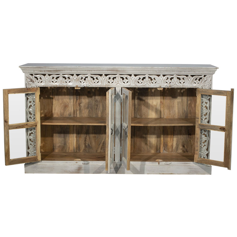 Lattice Carved Glass Door Long Sideboard Cabinet