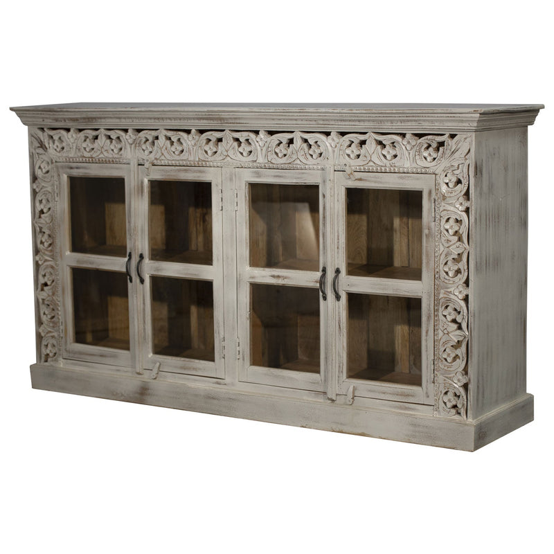 Lattice Carved Glass Door Long Sideboard Cabinet