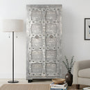 Mid Century Modern Carved Mango Wood Gray Distressed Armoire