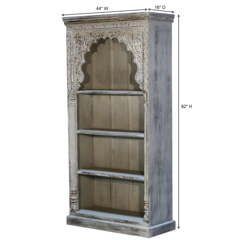 Antique Carved Moorish Arch Solid Wood Distressed Gray Bookcase Display