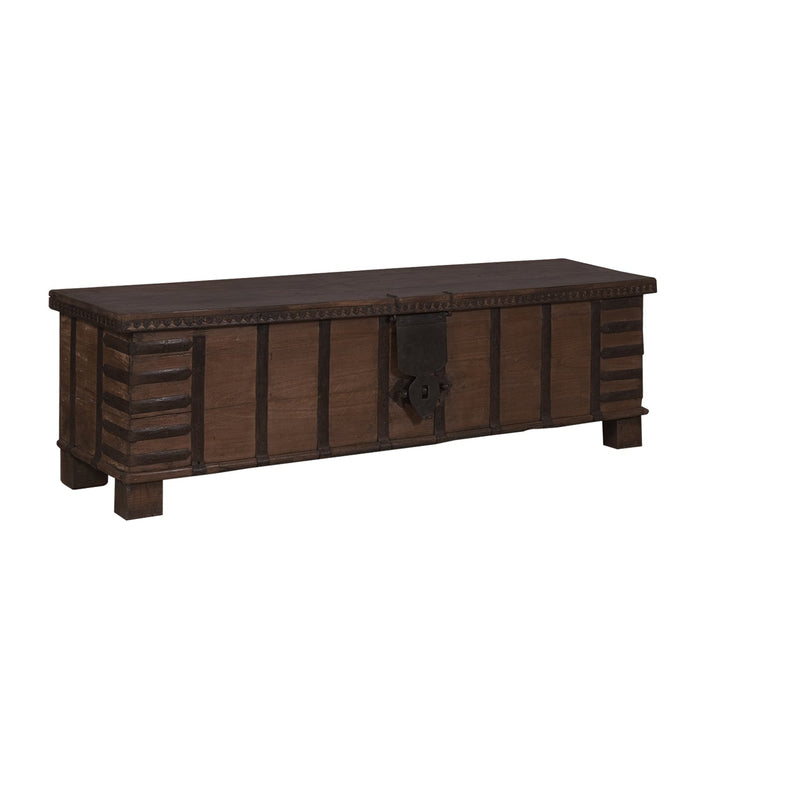 65" Large Teak Wood Bed End Blanket Chest With Iron Accent
