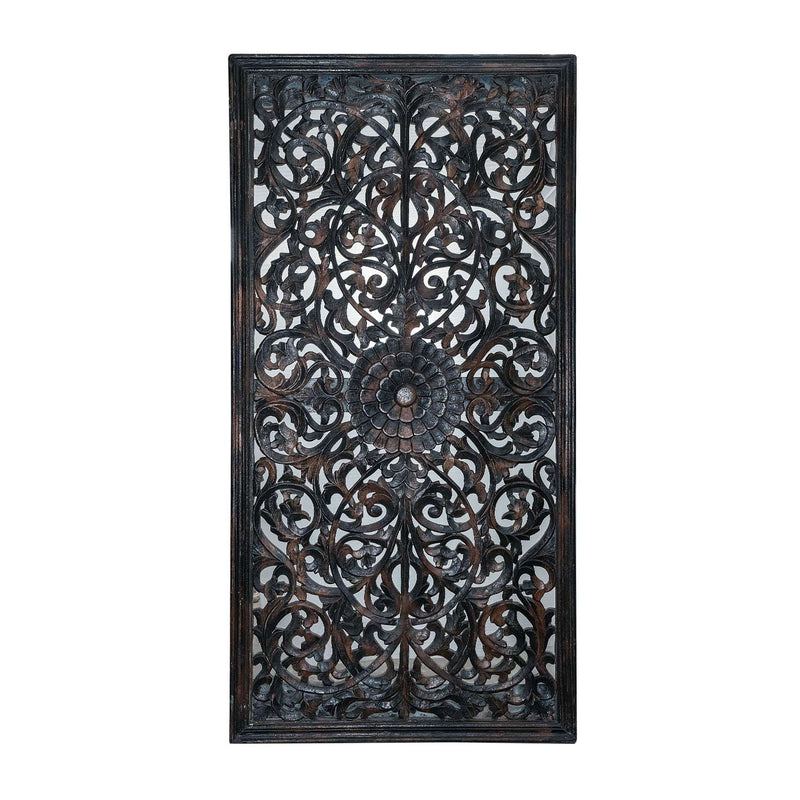 Hand Carved 72" Tall Lattice Panel In Distressed Black Finish